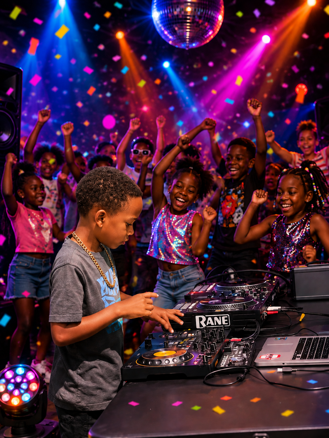 DJ King Kyro performing on a Rane controller while kids dance under colorful party lights